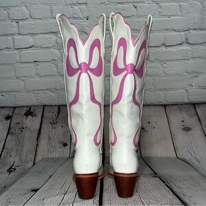 Womens Western Tall White & Pink Bow Tie Cowboy Boots Women's Size 7